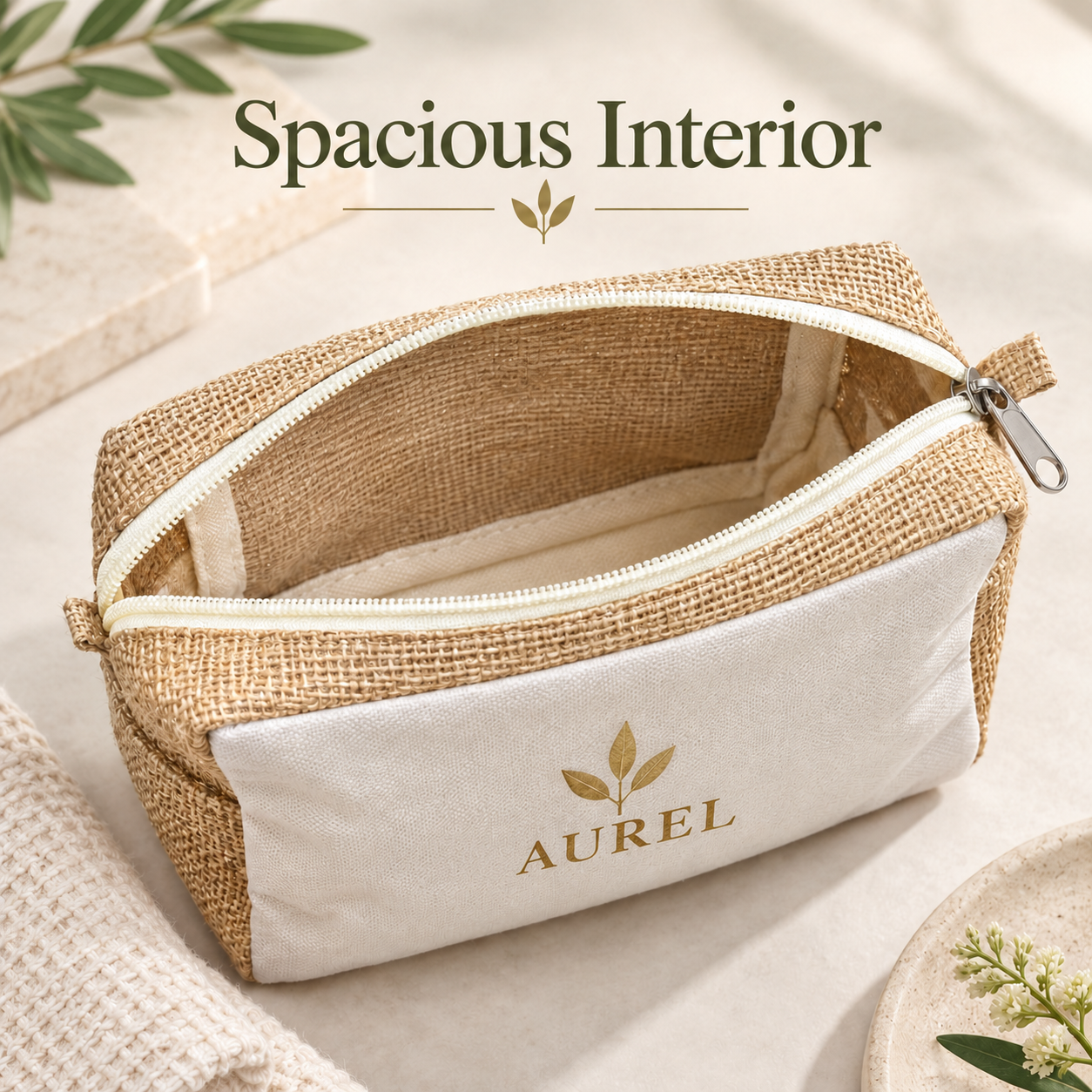 8x5x3 Natural Jute & Canvas Boxy Zipper Pouch