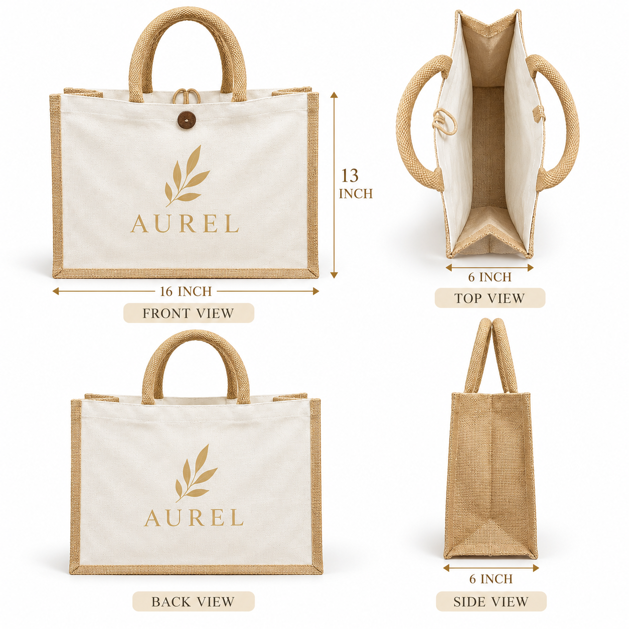 16x13x6 Natural Laminated Jute & Canvas Hamper Bag with Button Closure