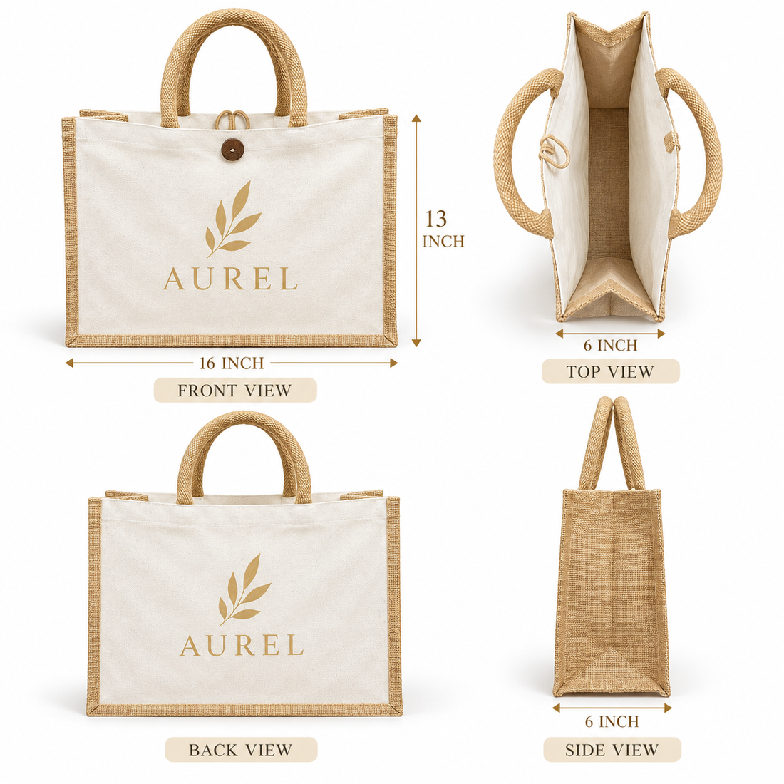 16x13x6 Natural Laminated Jute & Canvas Hamper Bag with Button Closure