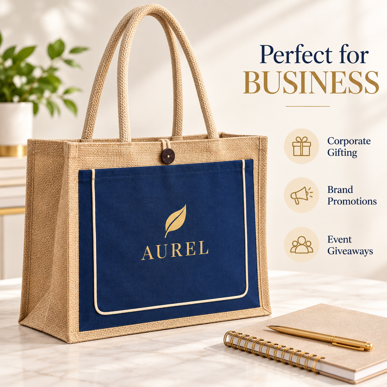 17x13x6 Royal Blue & Natural Jute Tote Bag with Piped Canvas Front Pocket