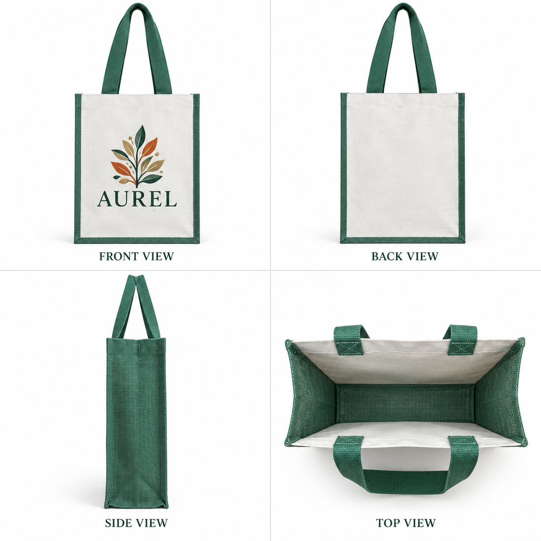 12x15.5x5.5 Green Laminated Jute & Canvas Tote Bag