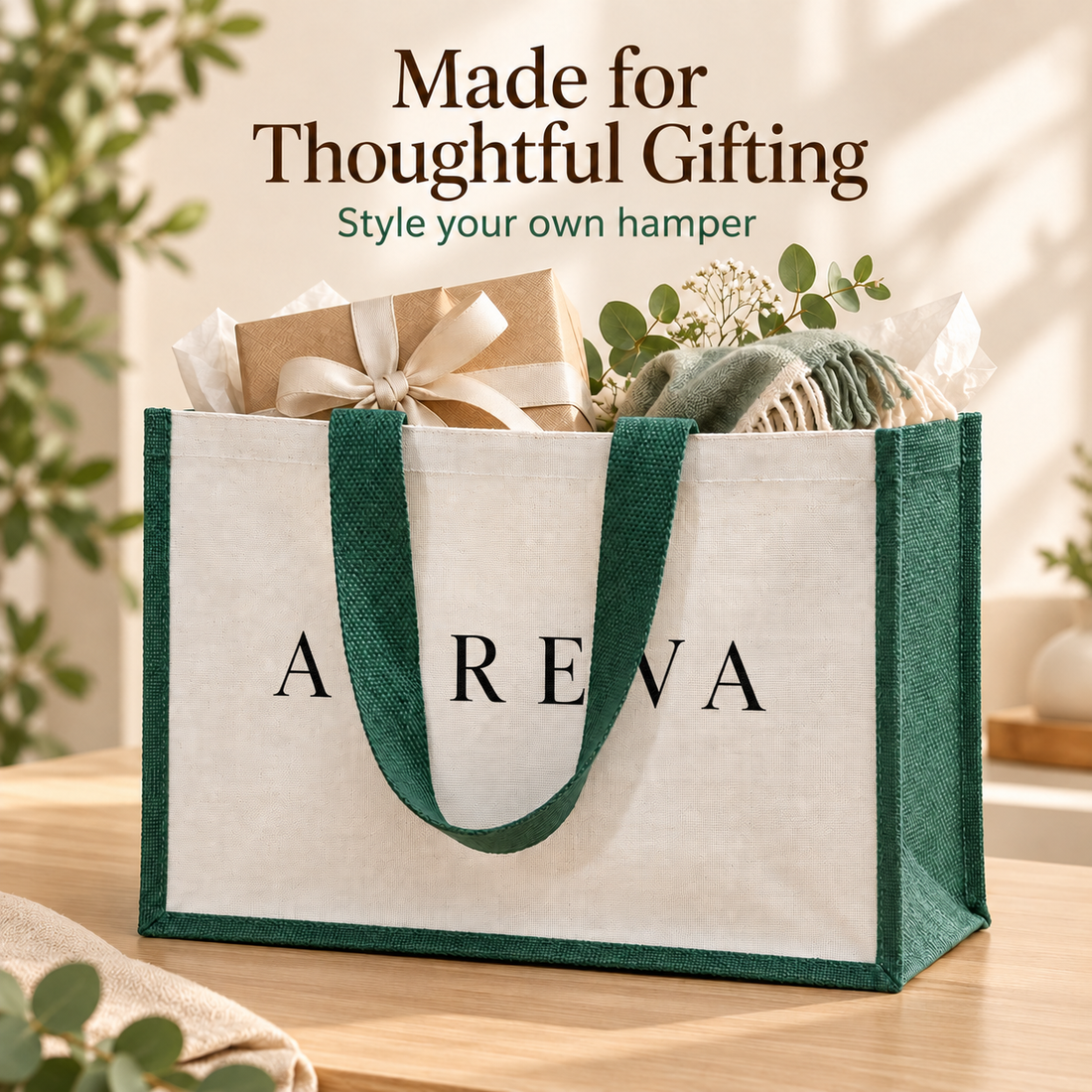 16x13x6 Green Laminated Jute & Canvas Hamper Bag