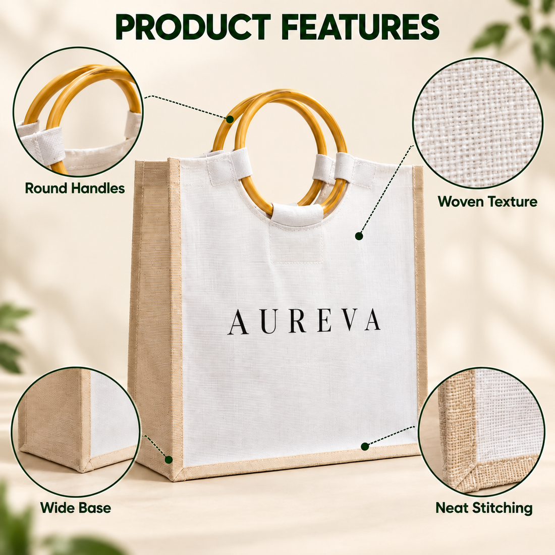 16x13x6 Natural Laminated Juco Bag with Cane Handles