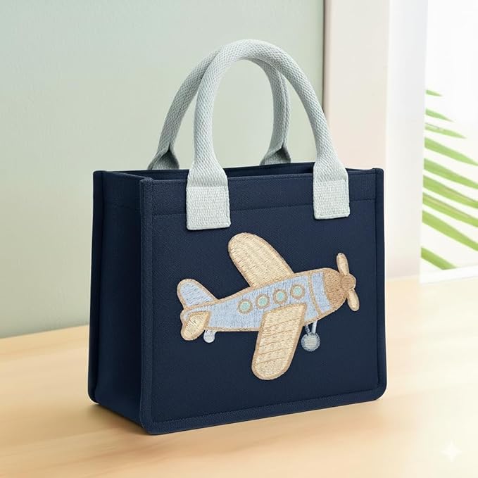 Airplane Embroidery Kids Tote Bag