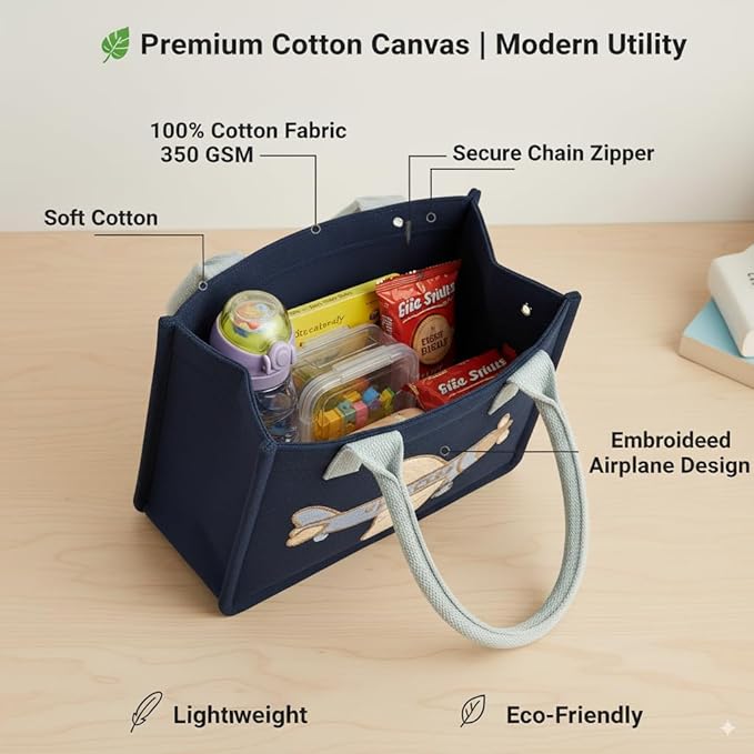 Airplane Embroidery Kids Tote Bag