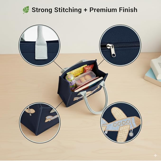 Airplane Embroidery Kids Tote Bag