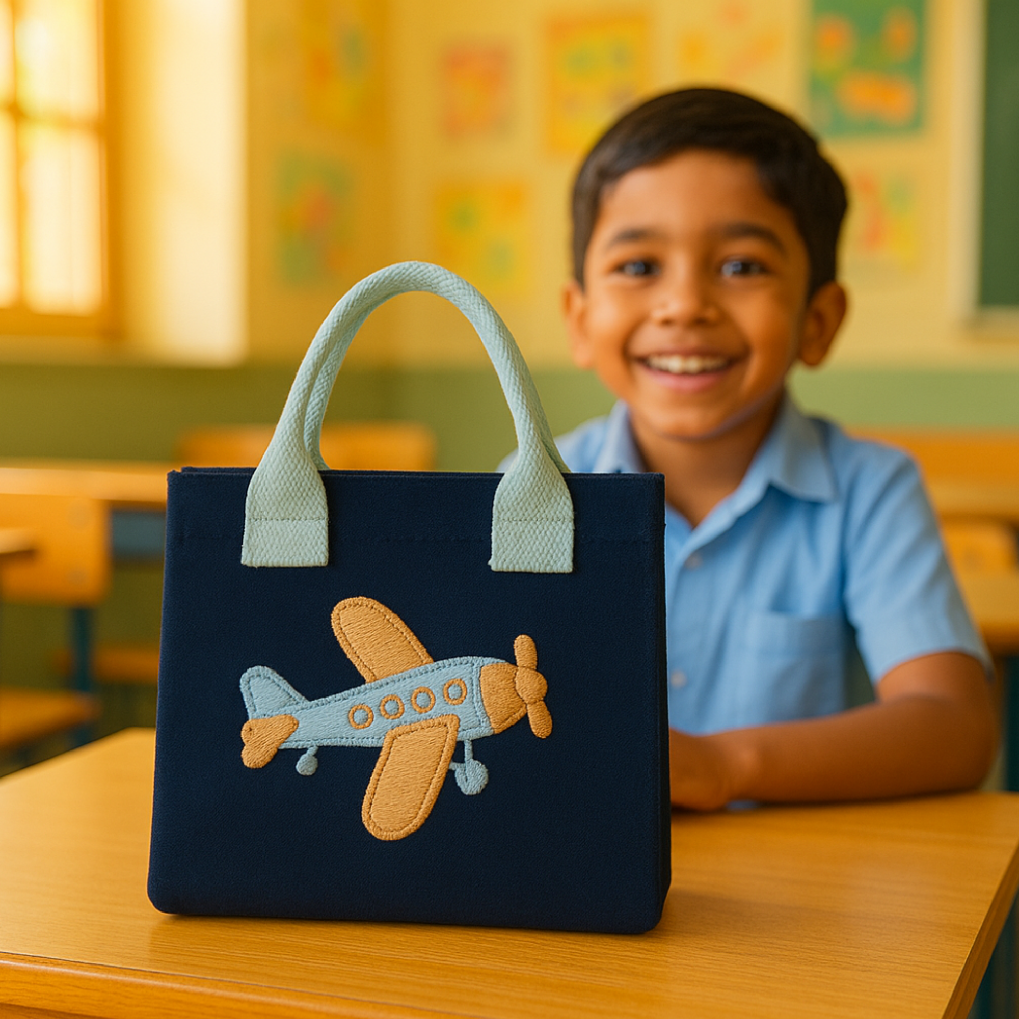 Airplane Embroidery Kids Tote Bag