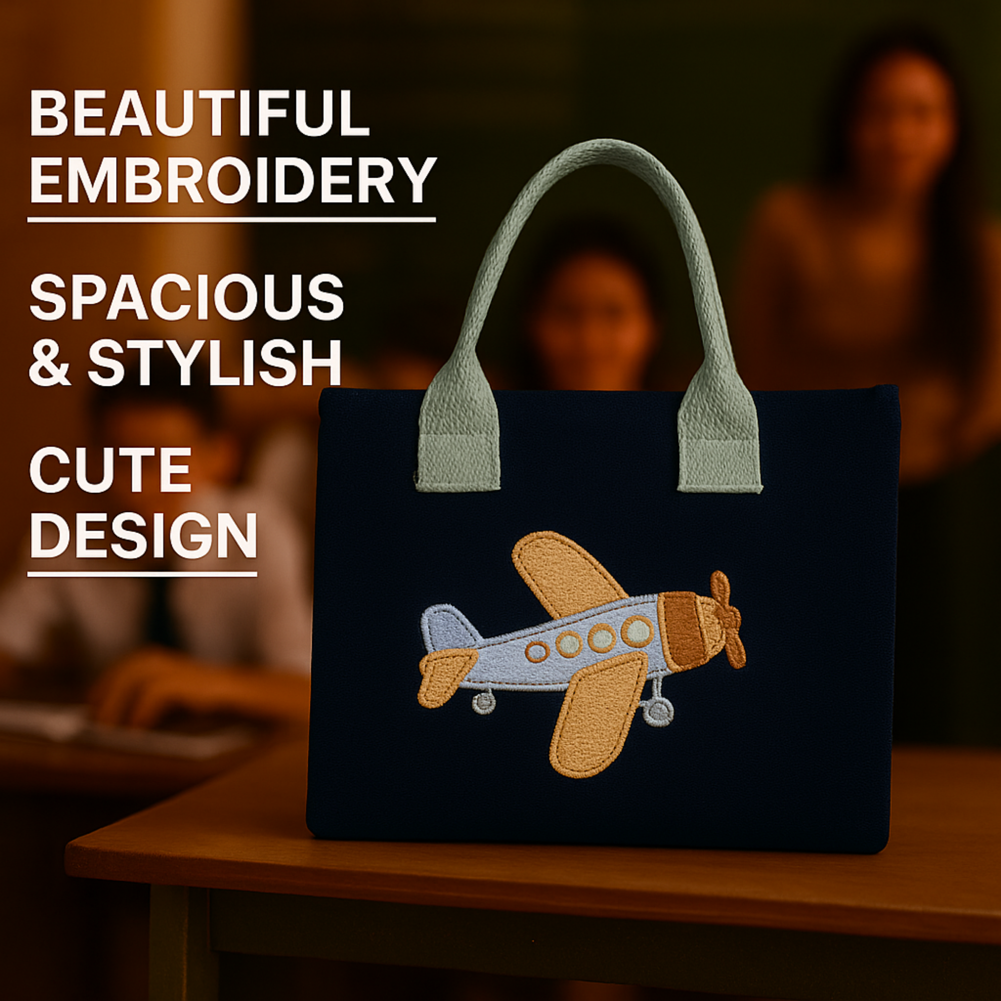 Airplane Embroidery Kids Tote Bag