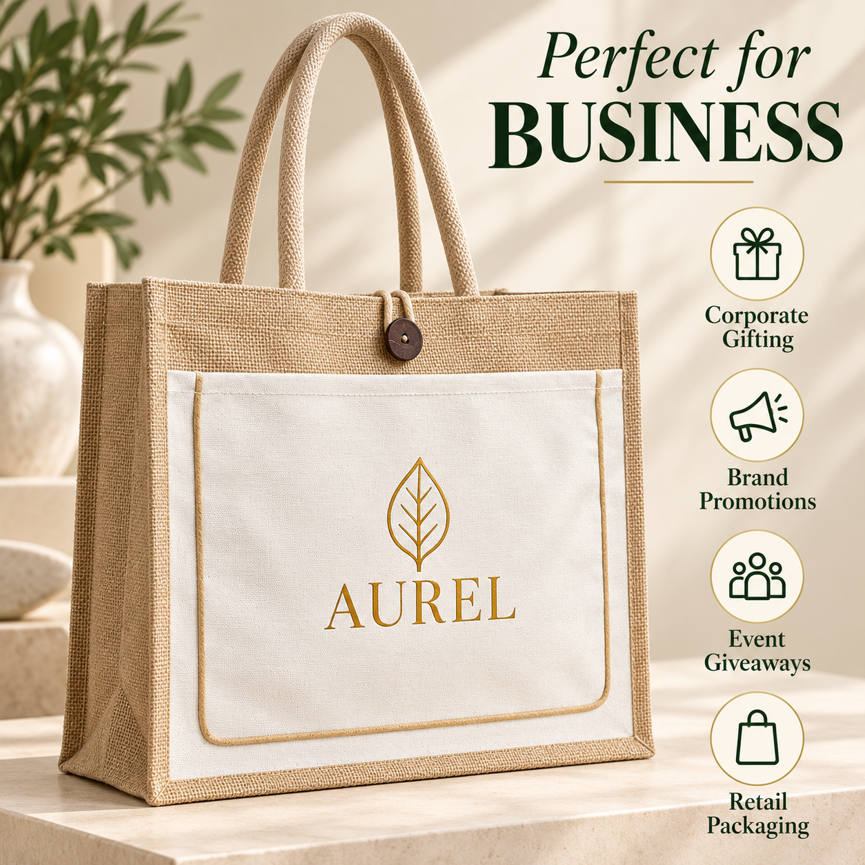 17x13x6 Ivory & Natural Jute Tote Bag with Piped Canvas Front Pocket
