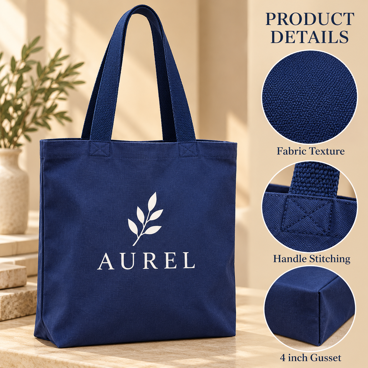 15x15.5x4 Navy Blue Gusseted Cotton Tote Bag | 235 GSM
