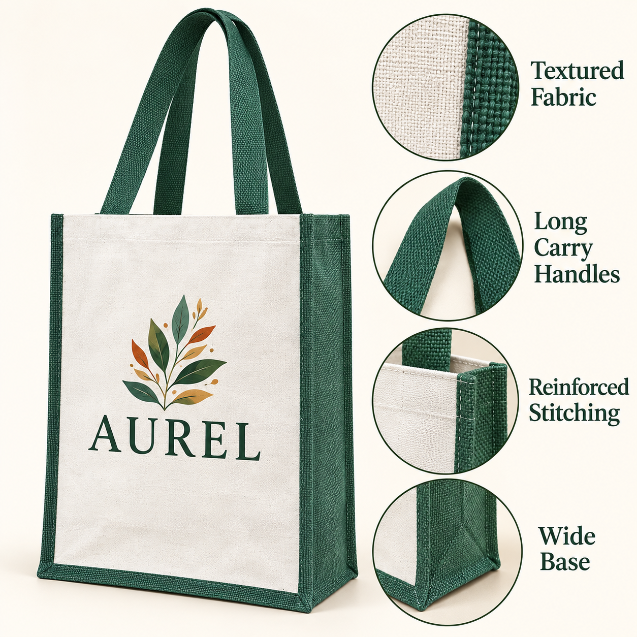 12x15.5x5.5 Green Laminated Jute & Canvas Tote Bag