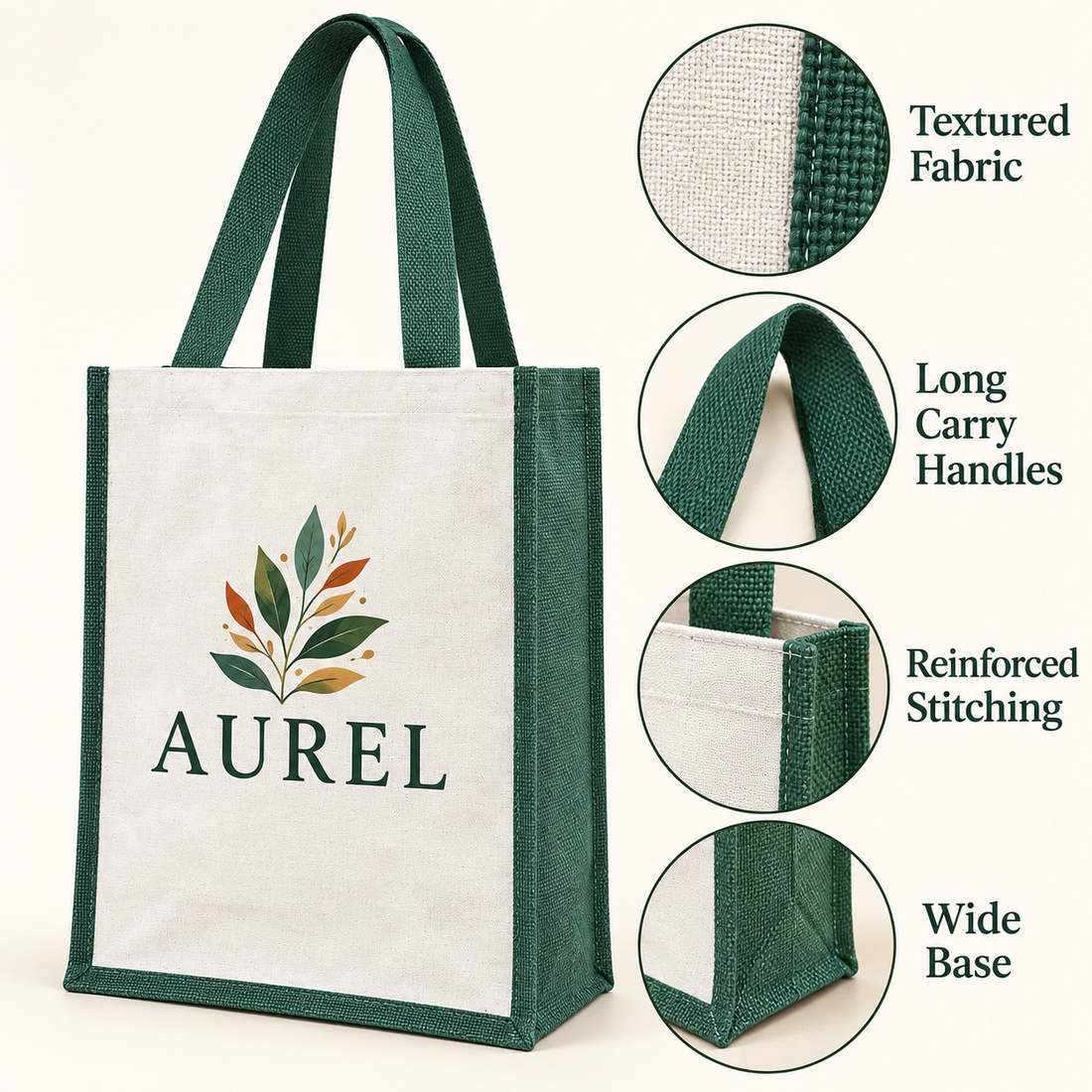 12x15.5x5.5 Green Laminated Jute & Canvas Tote Bag