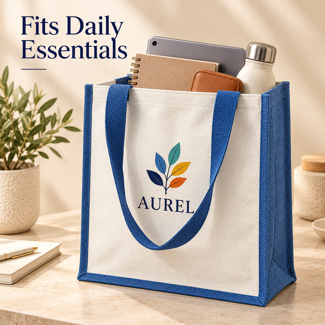 12x15.5x5.5 Blue Laminated Jute & Canvas Tote Bag