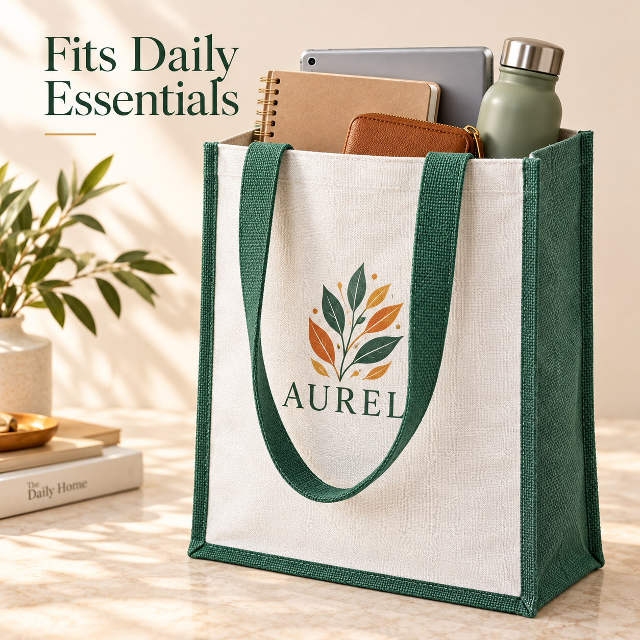 12x15.5x5.5 Green Laminated Jute & Canvas Tote Bag