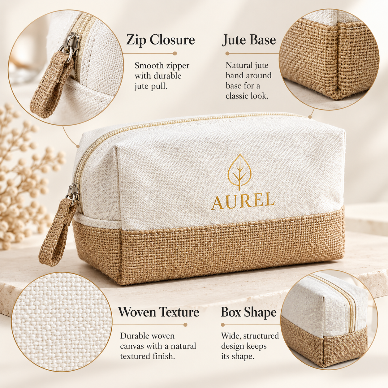 8x5x3 Natural Cotton Canvas Zipper Pouch | 220 GSM