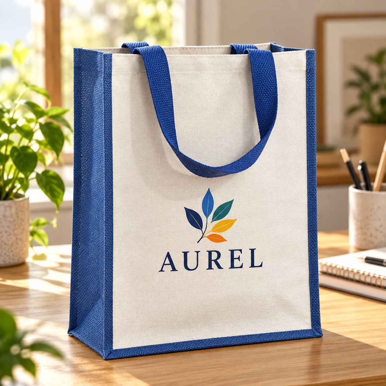 12x15.5x5.5 Blue Laminated Jute & Canvas Tote Bag