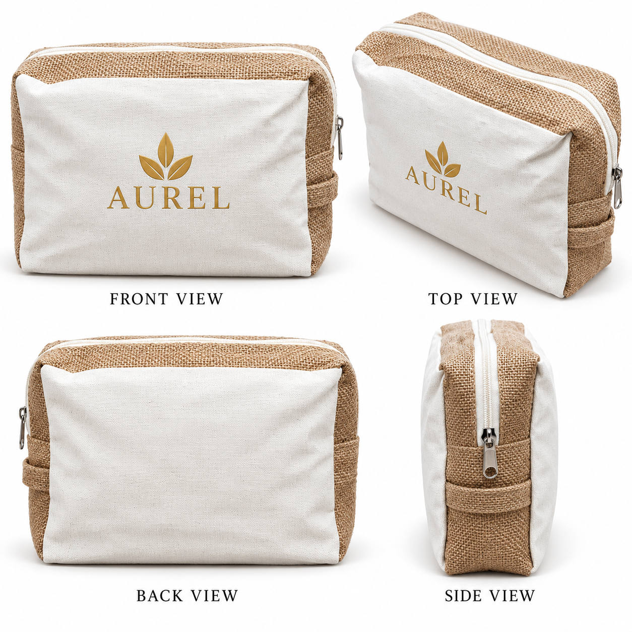 9x8x3  Natural Jute & Canvas Boxy Zipper Pouch