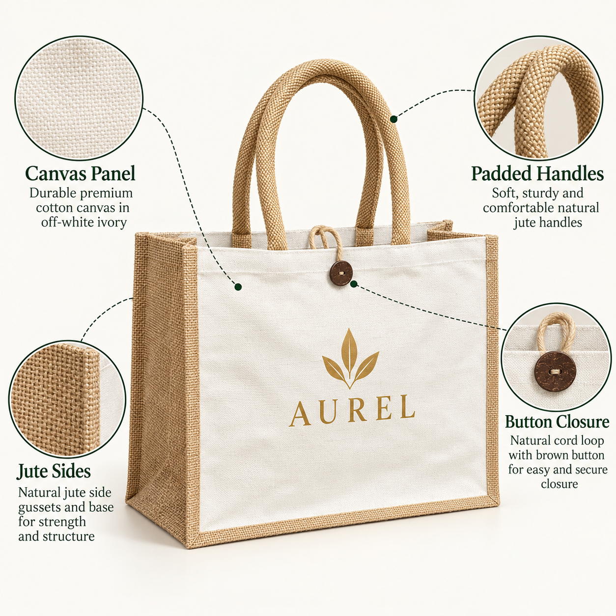 16x13x6 Natural Laminated Jute & Canvas Hamper Bag with Button Closure