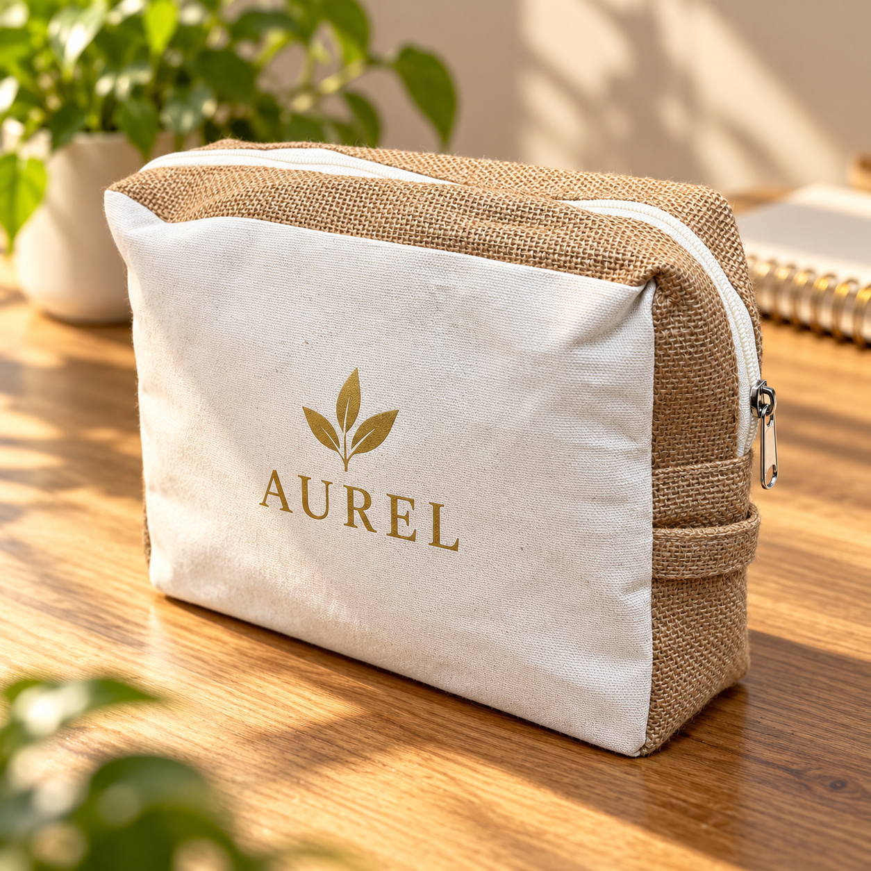9x8x3  Natural Jute & Canvas Boxy Zipper Pouch