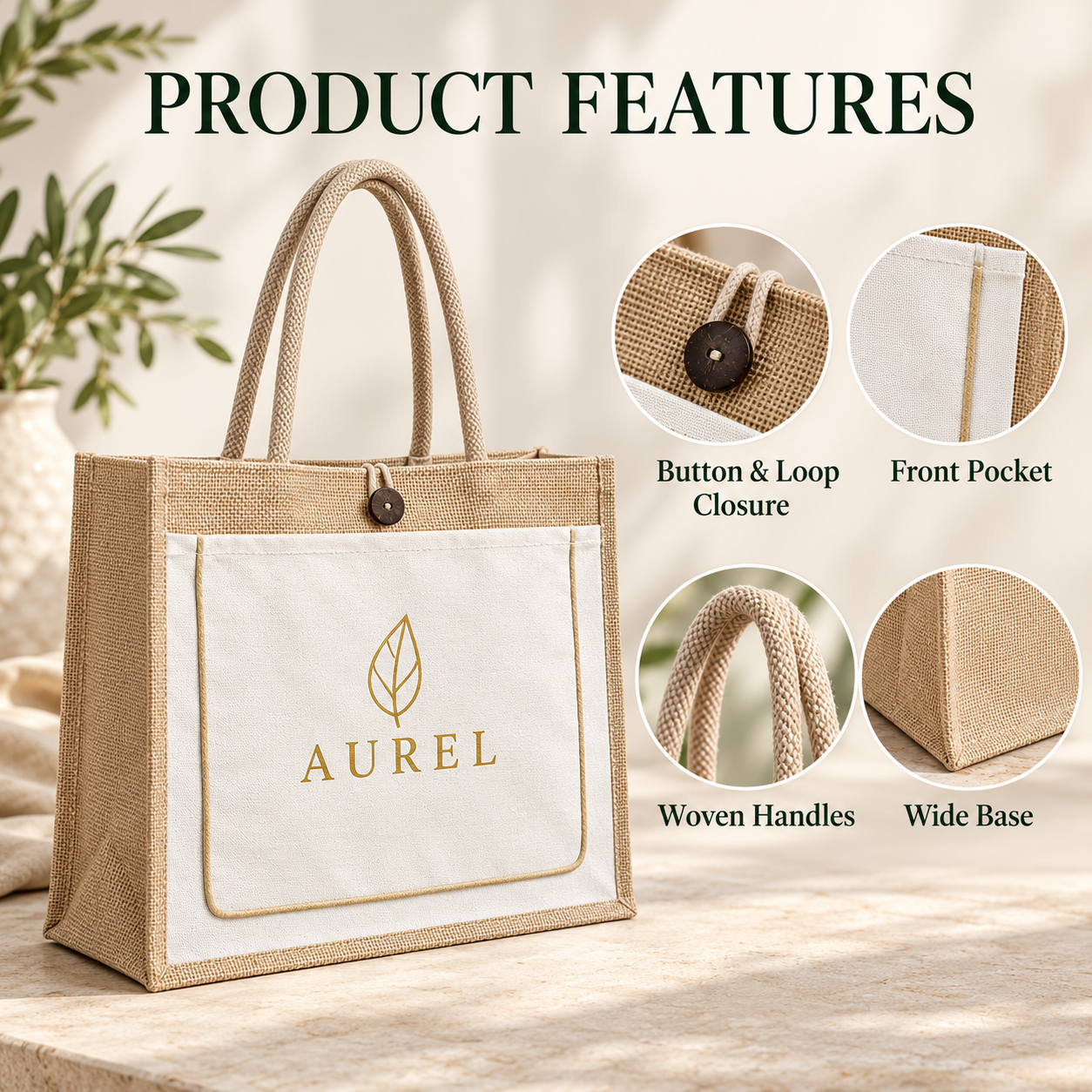 17x13x6 Ivory & Natural Jute Tote Bag with Piped Canvas Front Pocket