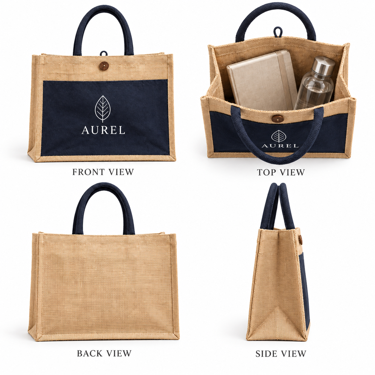 16x13x6 Black & Natural Laminated Jute Hamper Bag with Canvas Front Pocket