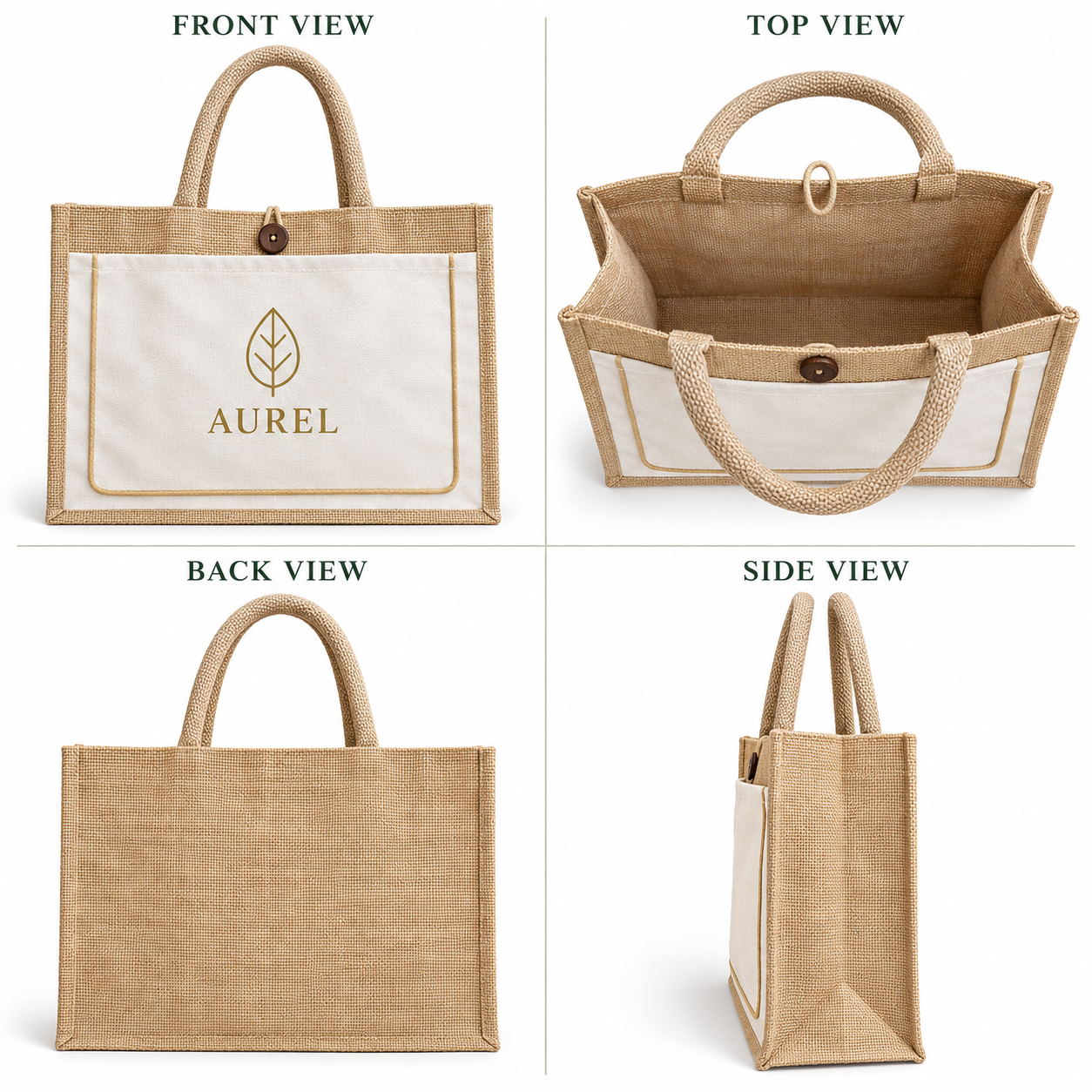 17x13x6 Ivory & Natural Jute Tote Bag with Piped Canvas Front Pocket