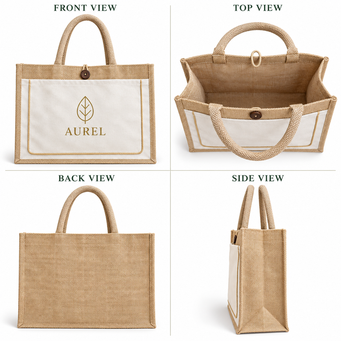17x13x6 Ivory & Natural Jute Tote Bag with Piped Canvas Front Pocket