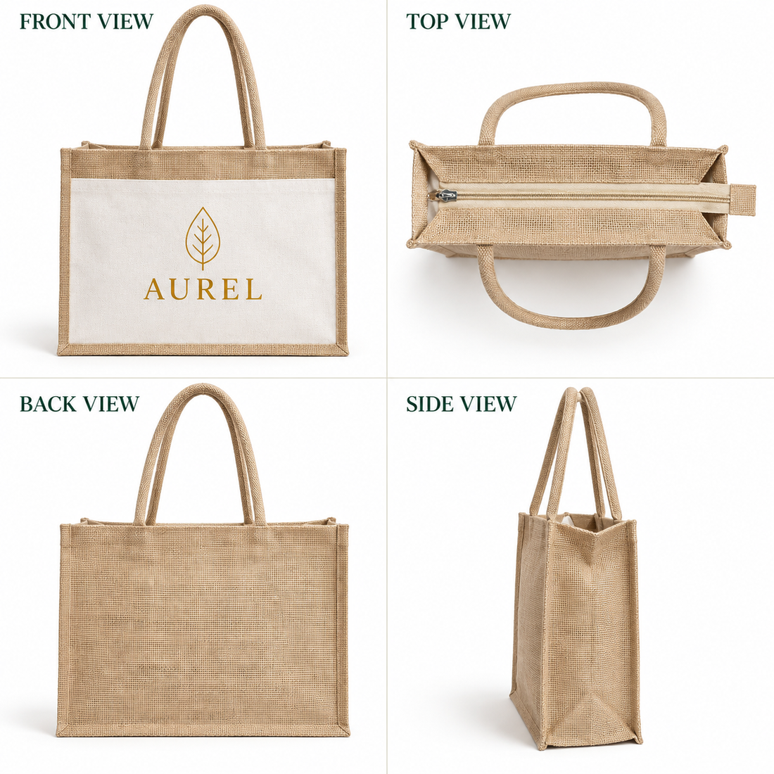 17x13x6 Natural Jute & Canvas Zipper Shopping Bag with Canvas Front Pocket