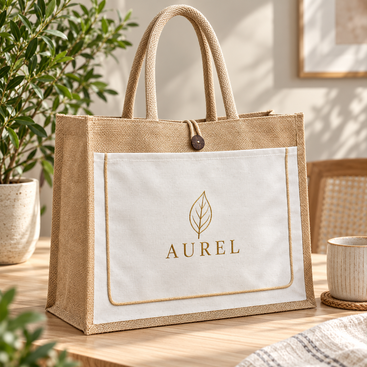 17x13x6 Ivory & Natural Jute Tote Bag with Piped Canvas Front Pocket