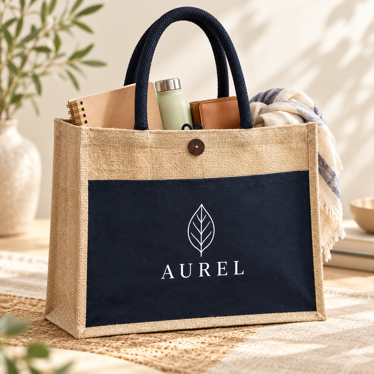 16x13x6 Black & Natural Laminated Jute Hamper Bag with Canvas Front Pocket