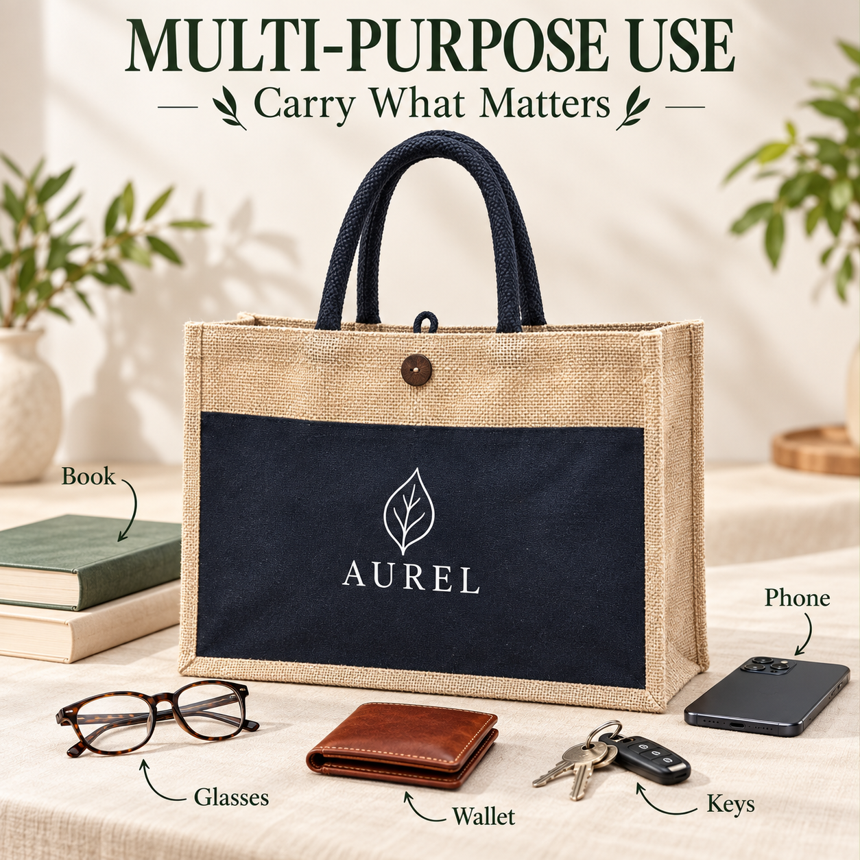 16x13x6 Black & Natural Laminated Jute Hamper Bag with Canvas Front Pocket