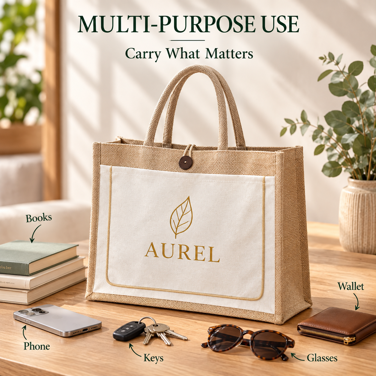 17x13x6 Ivory & Natural Jute Tote Bag with Piped Canvas Front Pocket