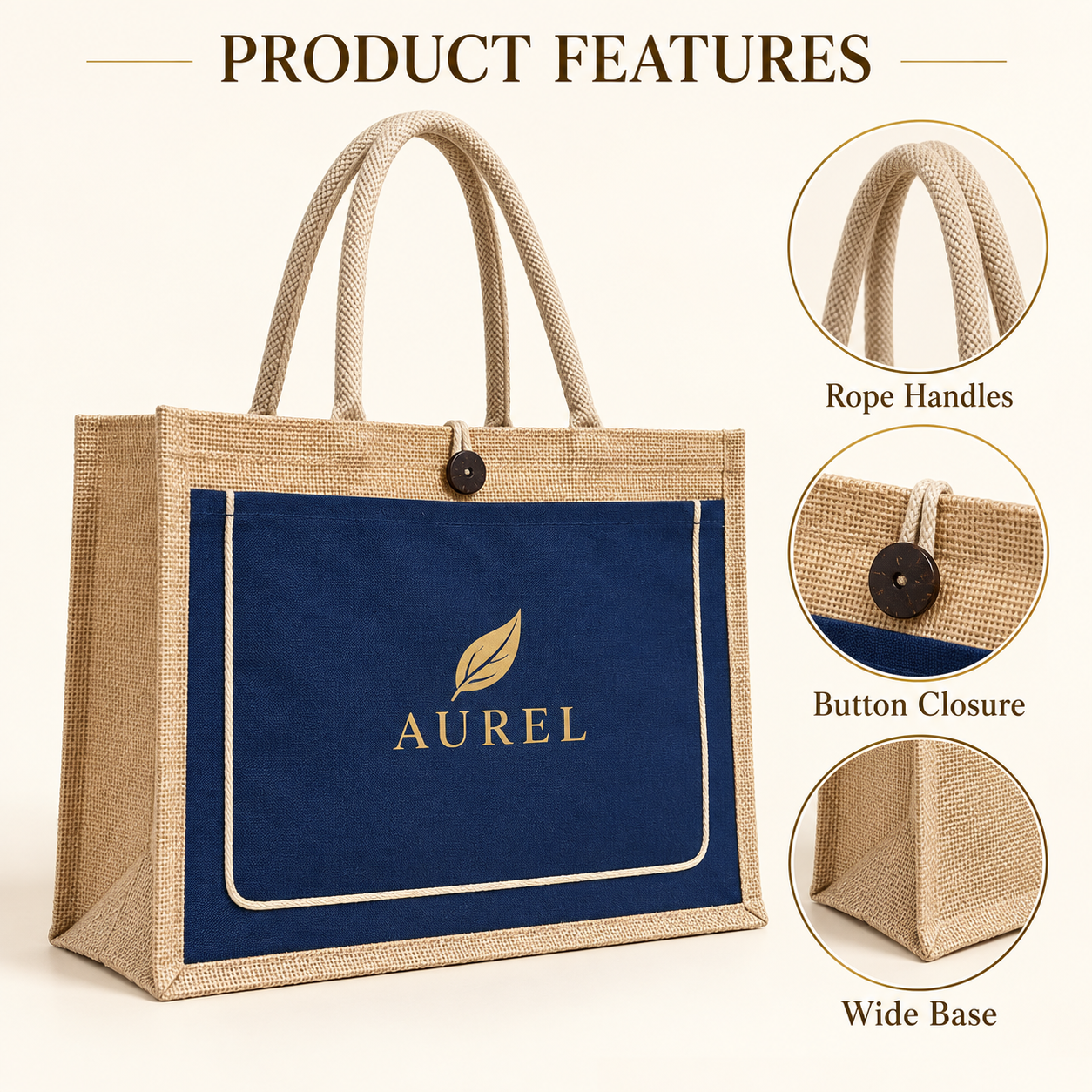 17x13x6 Royal Blue & Natural Jute Tote Bag with Piped Canvas Front Pocket