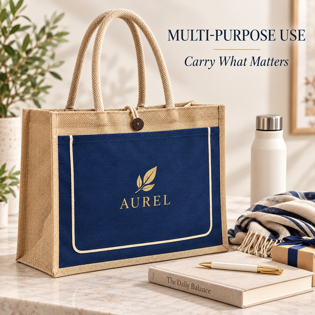 17x13x6 Royal Blue & Natural Jute Tote Bag with Piped Canvas Front Pocket
