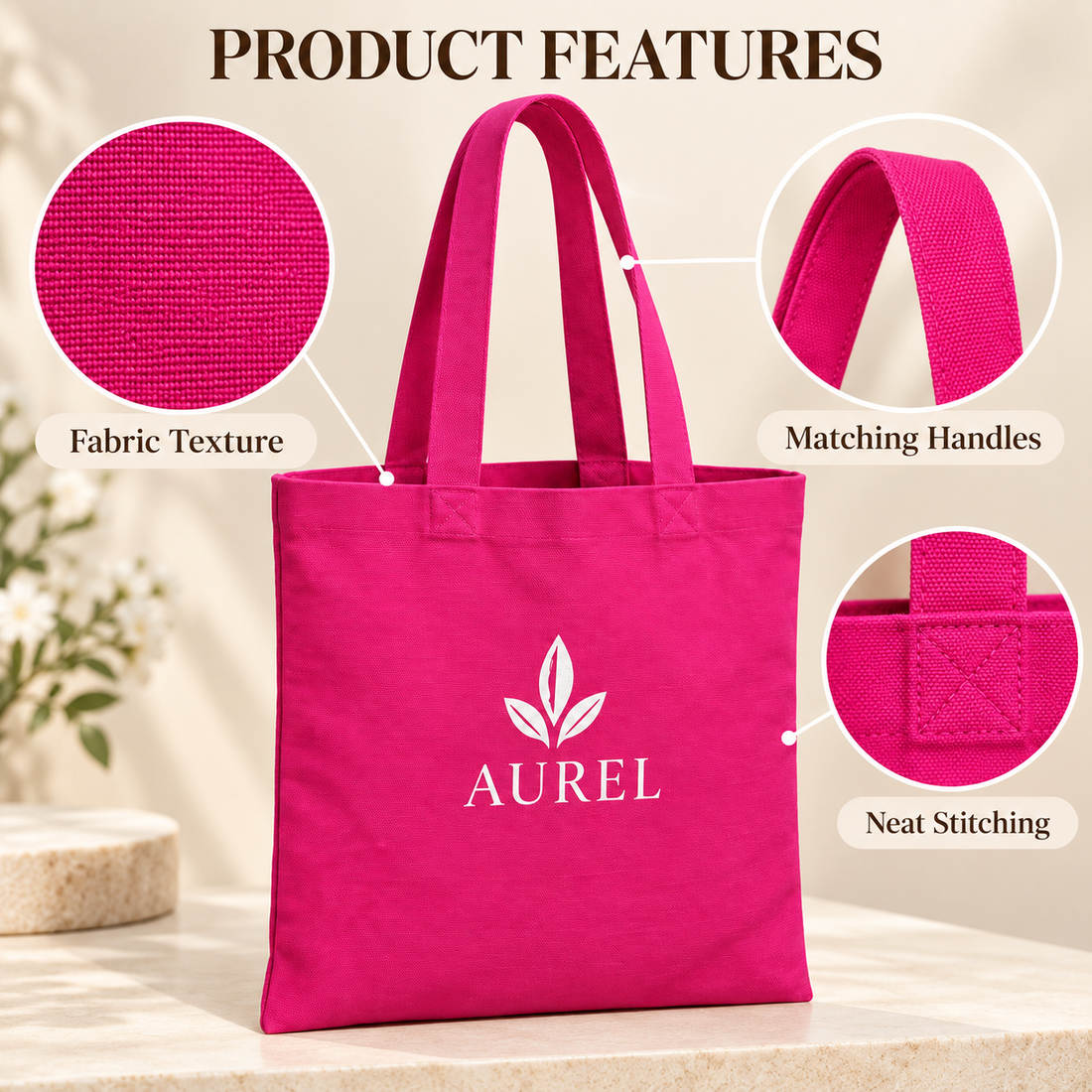 14.5x15.5 Pink Cotton Canvas Tote Bag | 350 GSM