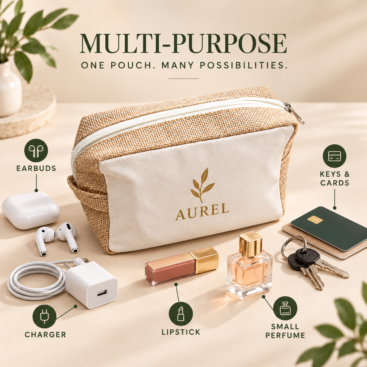 8x5x3 Natural Jute & Canvas Boxy Zipper Pouch