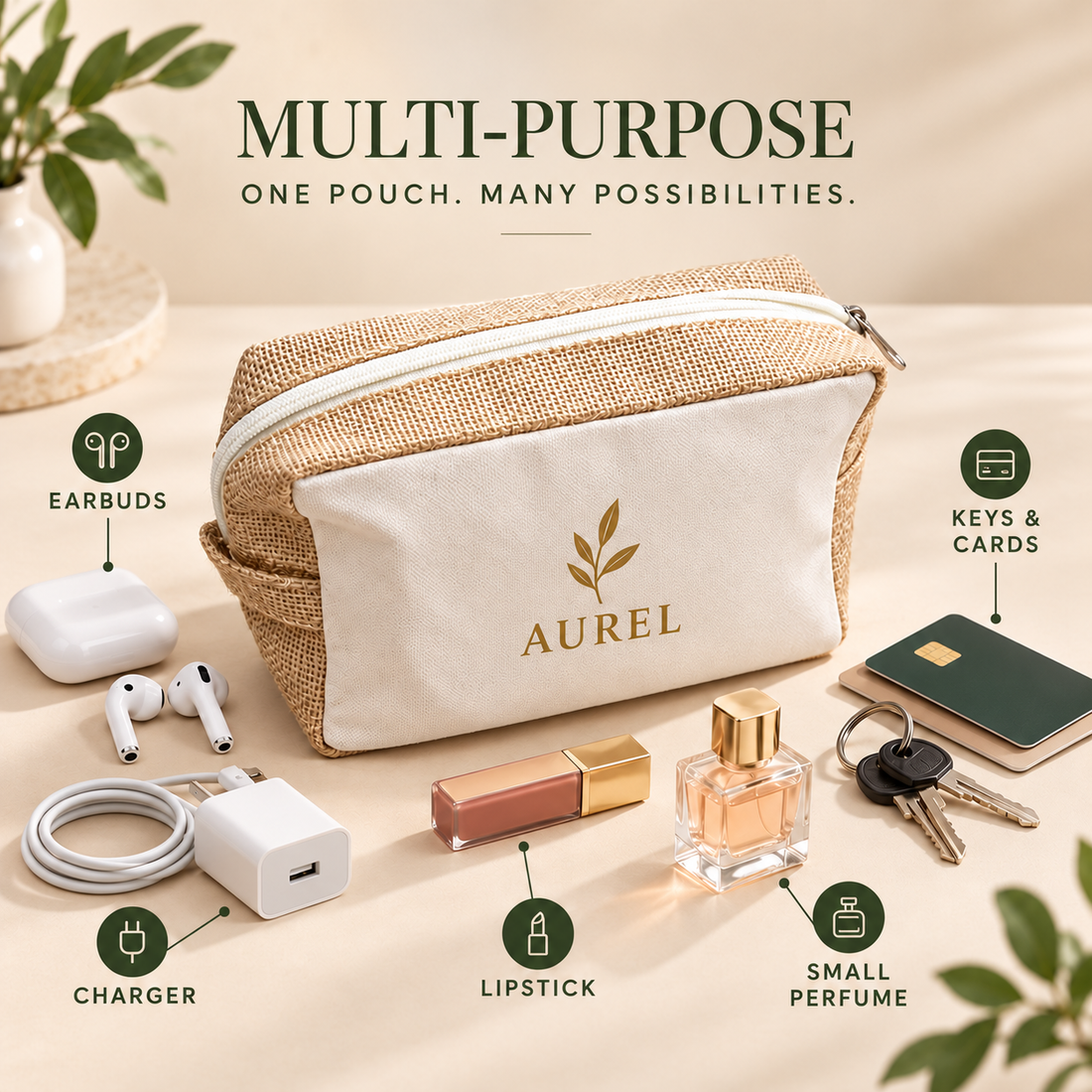 8x5x3 Natural Jute & Canvas Boxy Zipper Pouch