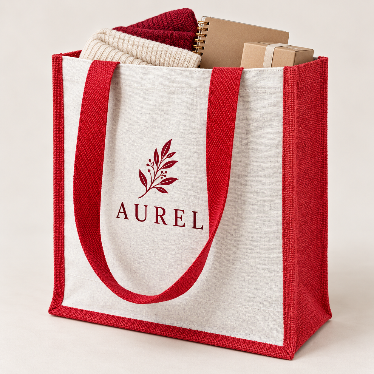 12x15.5x5.5 Red Laminated Jute & Canvas Tote Bag