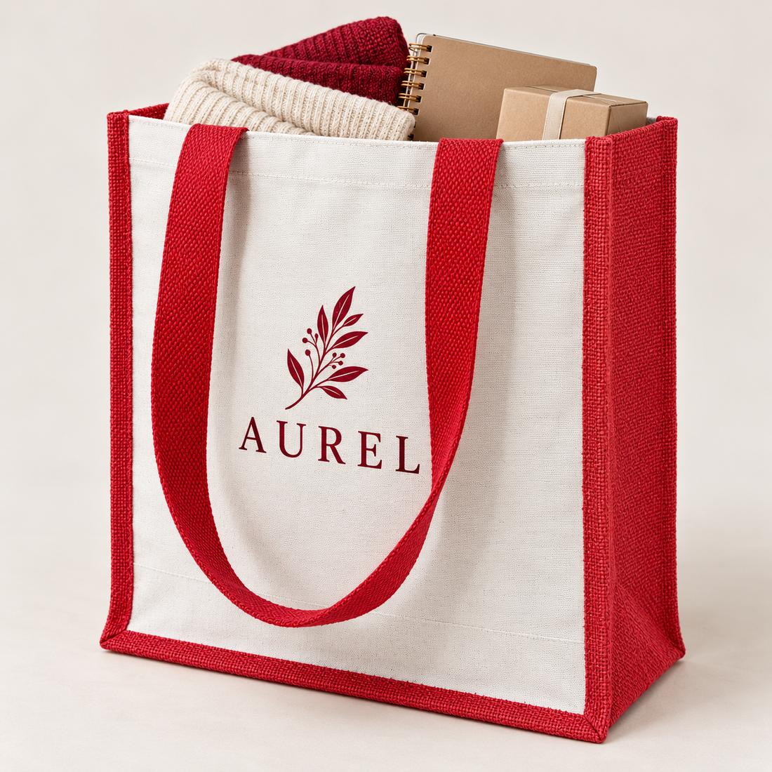12x15.5x5.5 Red Laminated Jute & Canvas Tote Bag