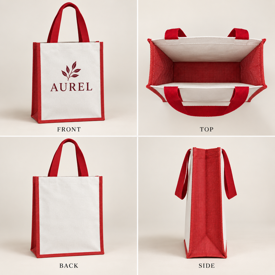 12x15.5x5.5 Red Laminated Jute & Canvas Tote Bag