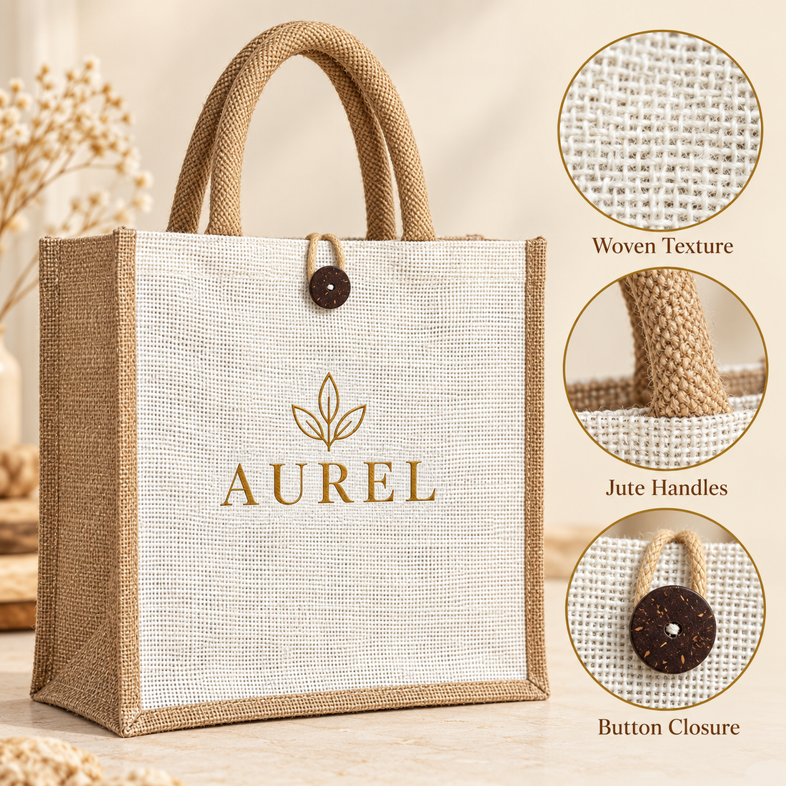 12x12x6 Natural Laminated Jute Gift Bag with Button Closure