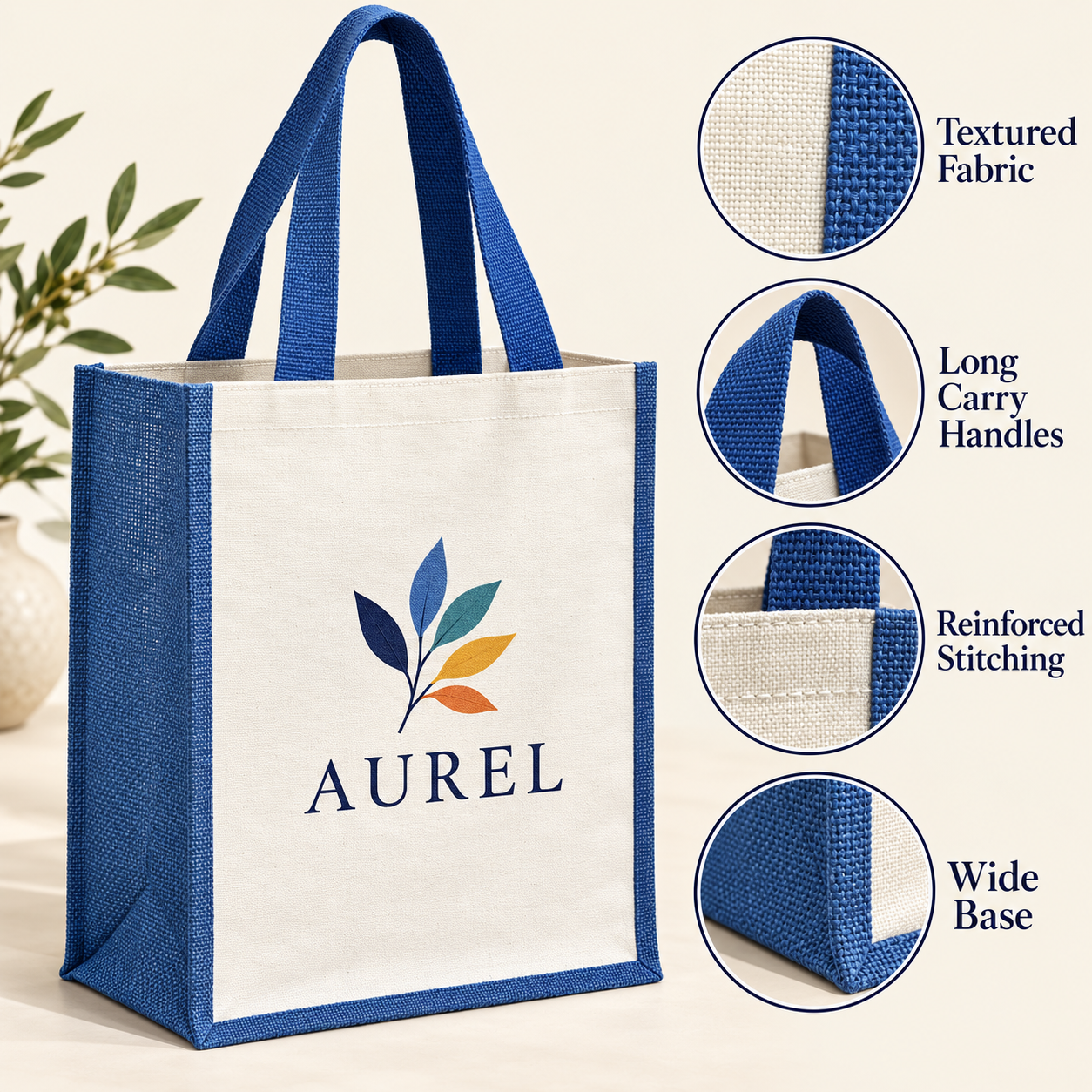12x15.5x5.5 Blue Laminated Jute & Canvas Tote Bag
