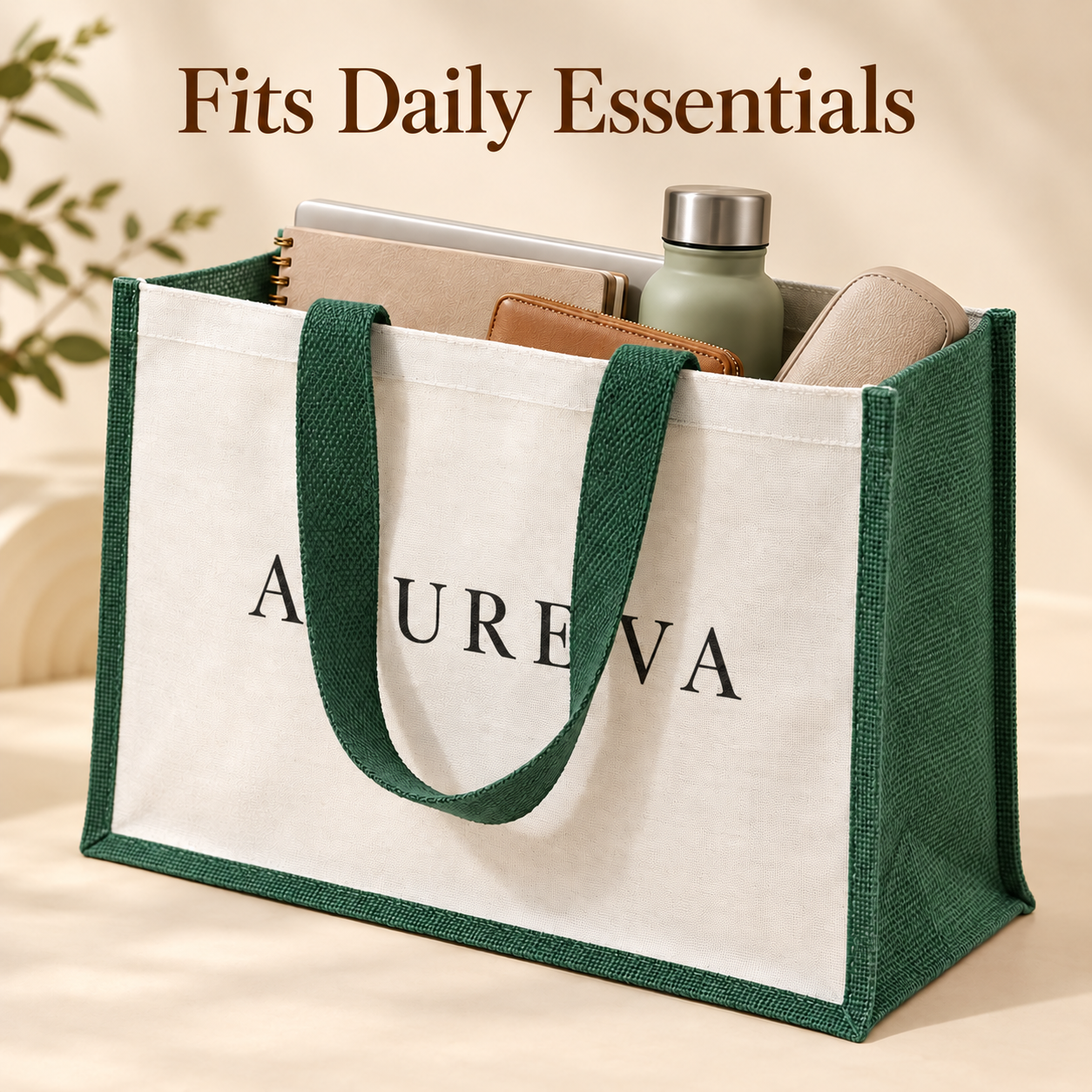 16x13x6 Green Laminated Jute & Canvas Hamper Bag