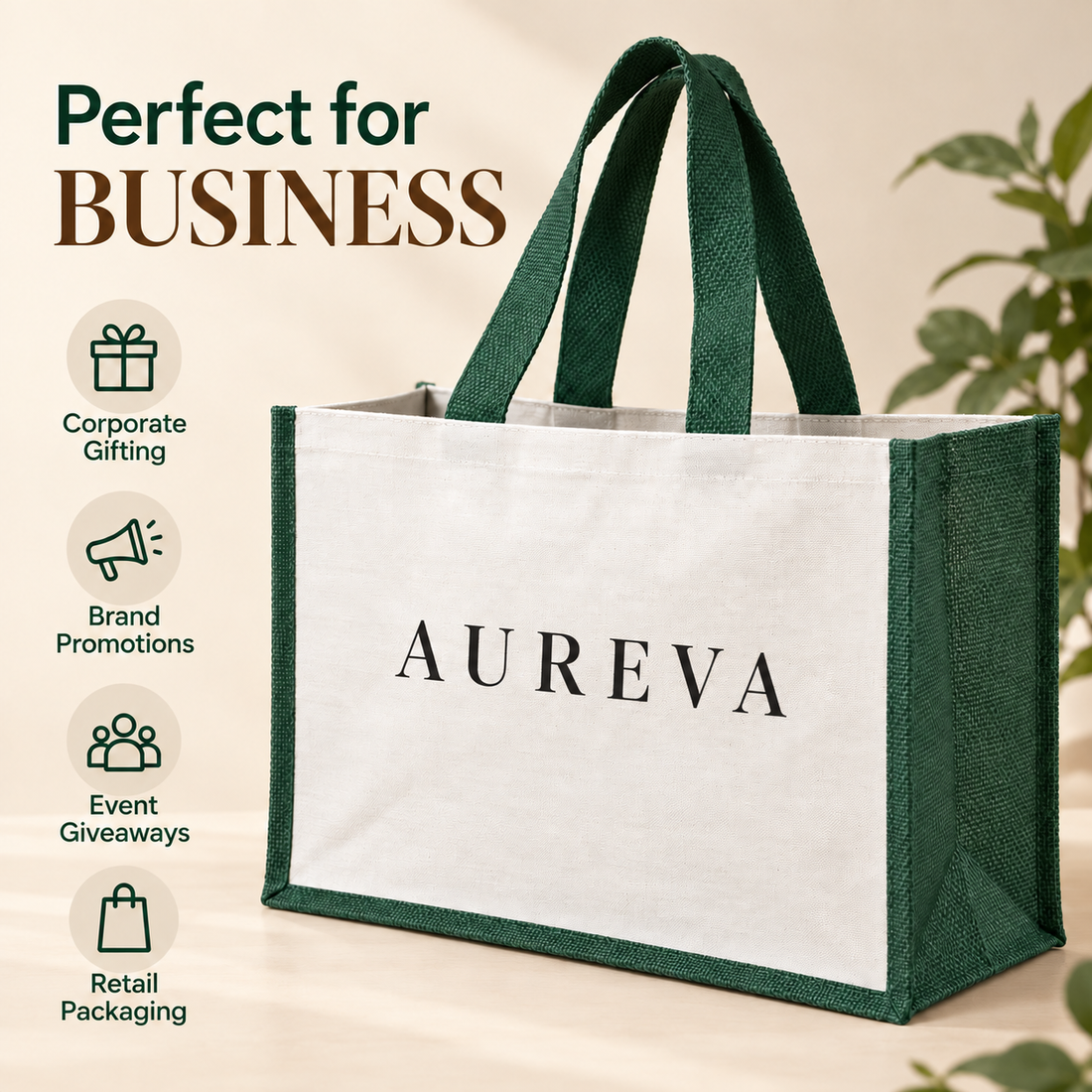 16x13x6 Green Laminated Jute & Canvas Hamper Bag