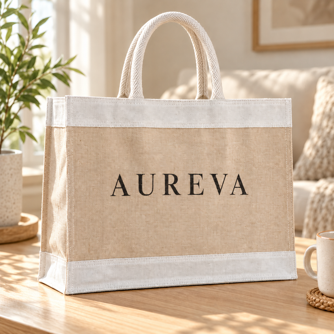 16x13x6 Natural Juco & Canvas Tote Bag with Rope Handles