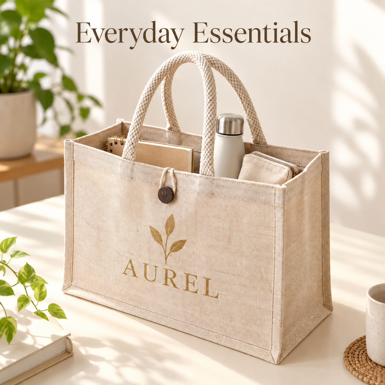 16x13x6 Natural Laminated Juco Shopping Bag with Button Closure