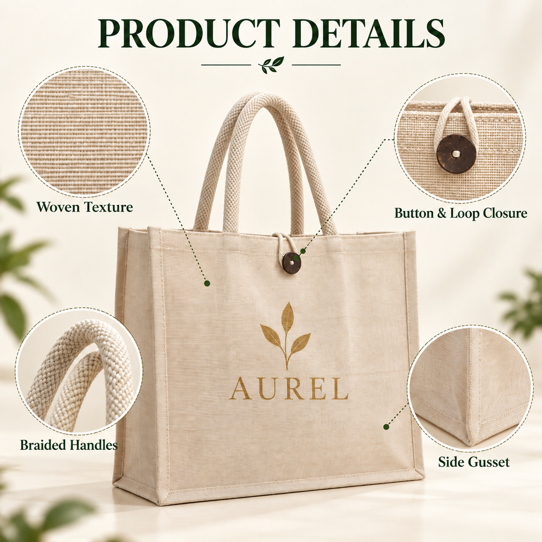 16x13x6 Natural Laminated Juco Shopping Bag with Button Closure