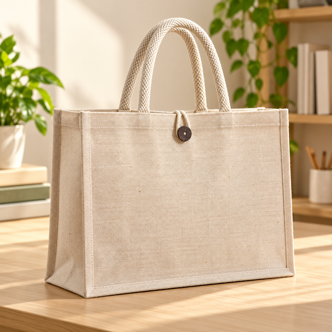 Plain 16x13x6 Natural Laminated Juco Shopping Bag with Button Closure