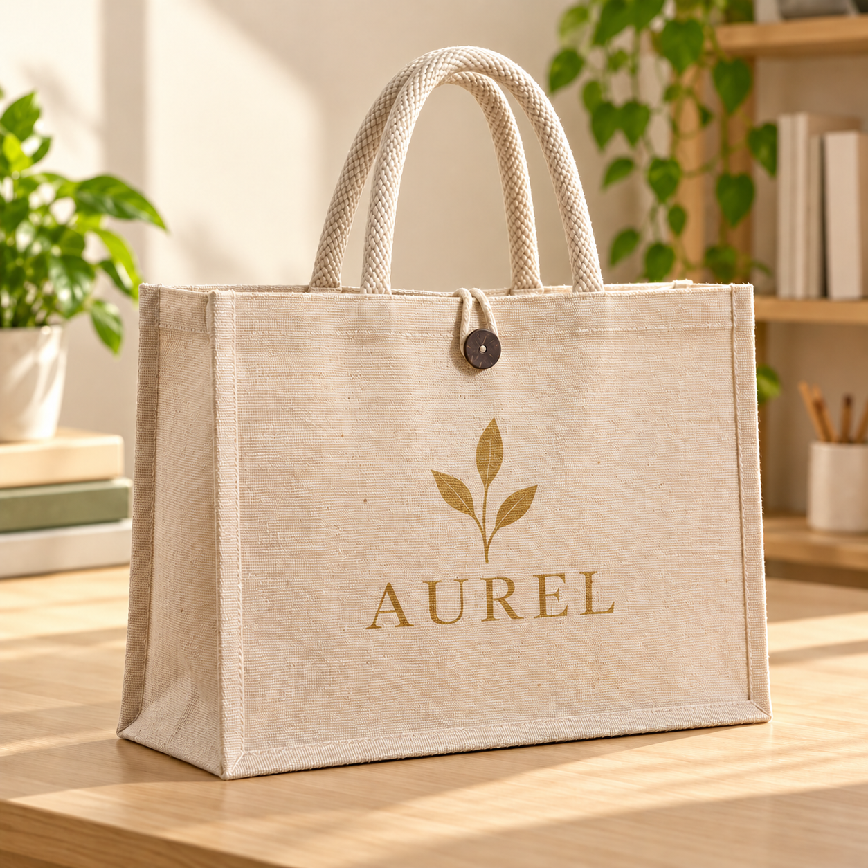 16x13x6 Natural Laminated Juco Shopping Bag with Button Closure