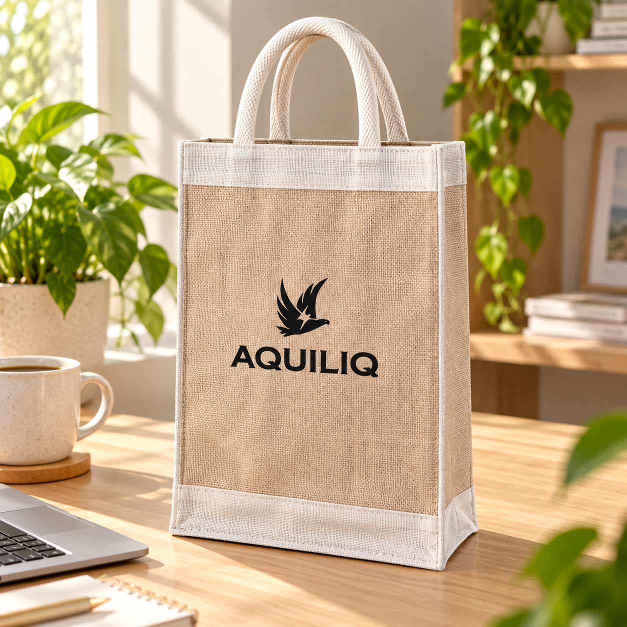 13x15.5x4.5 Natural Tall Juco & Canvas Tote Bag with Rope Handles